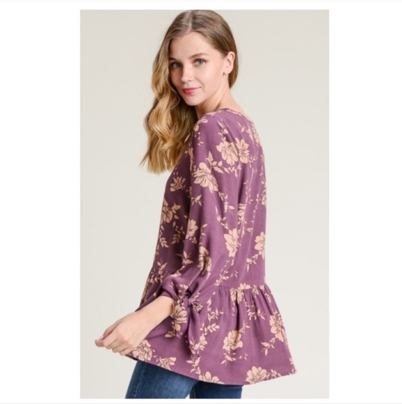 💚HP💚Bohemian V-Neck Floral Plum Tie-Sleeve Peplum Top - Picture 4 of 6